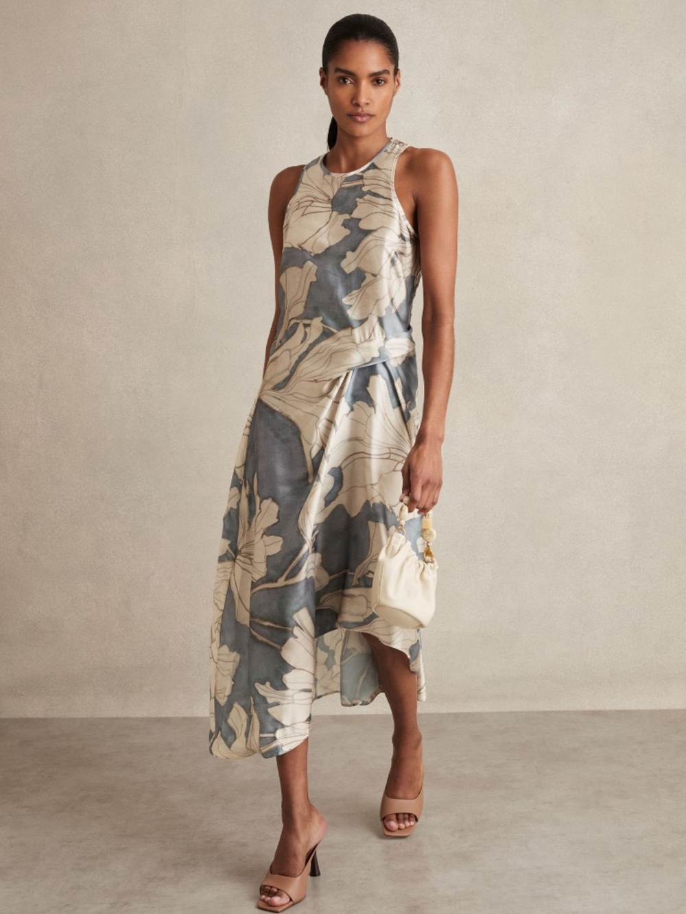 REISS Mieke Satin Floral Drape Asymmetrical Hem Midi Dress Size 2 NWT Blue/Cream